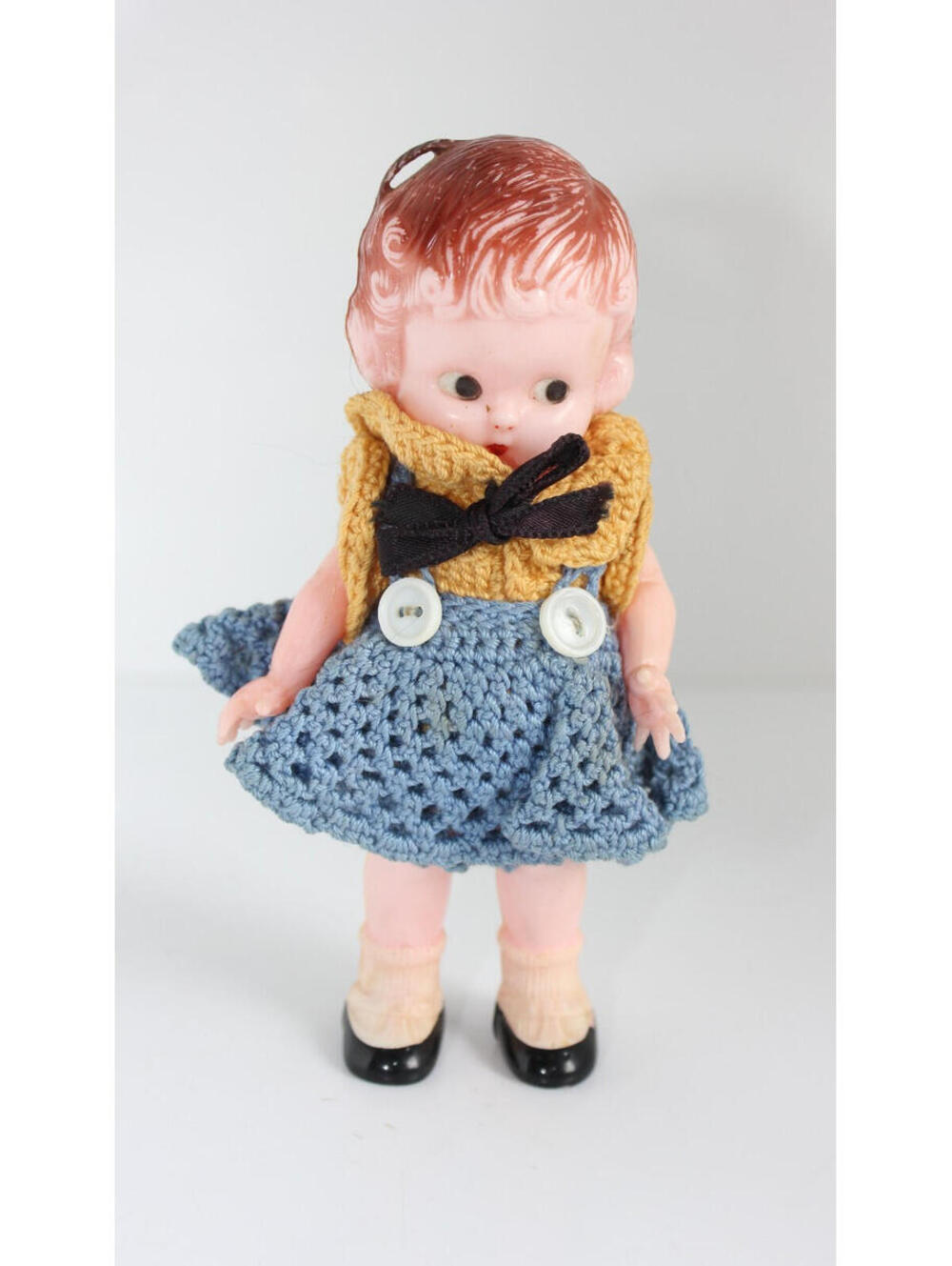 Vintage 1950s Knickerbocker 6" Hard Plastic Doll Side Glance Crochet Outfit